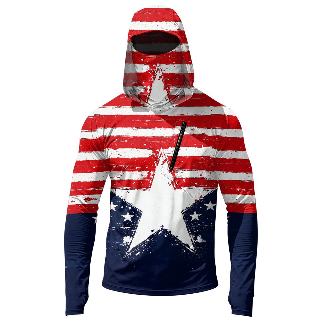 Men's Casual Hooded Long Sleeve Sun Protection Top with Independence Day Print Star Pattern Pullover Lightweight Shirt