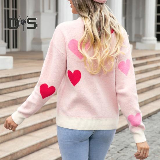 Women Knitting Sweater Round Neck Long Sleeve Heart-Shaped Tops Loose Fit Elastic Knitwear Valentine Day Tops