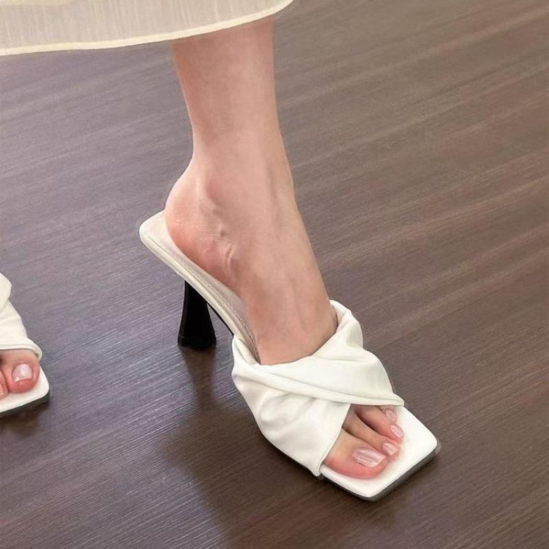 Fashion Summer New Slippers Women Fashion Square Head Open Toe Fold Temperament Anti-slip Wear-resistant Stiletto Heels
