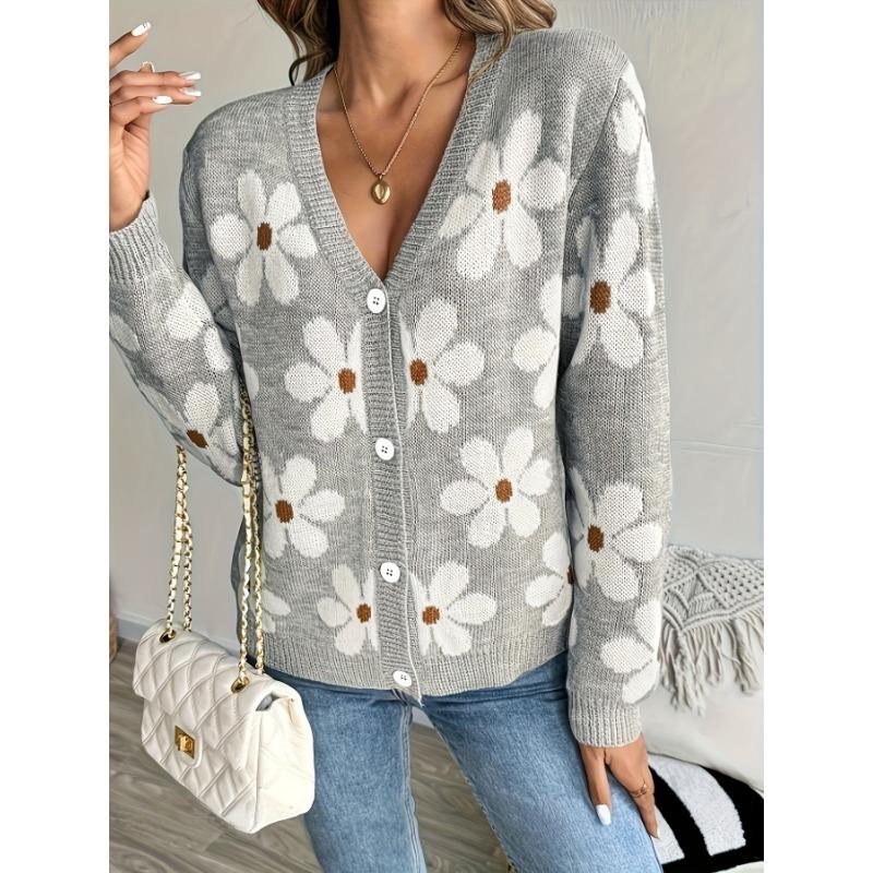 Women S V Neck Knitted Cardigan Floral Pattern Sweater Autumn Winter Outerwear