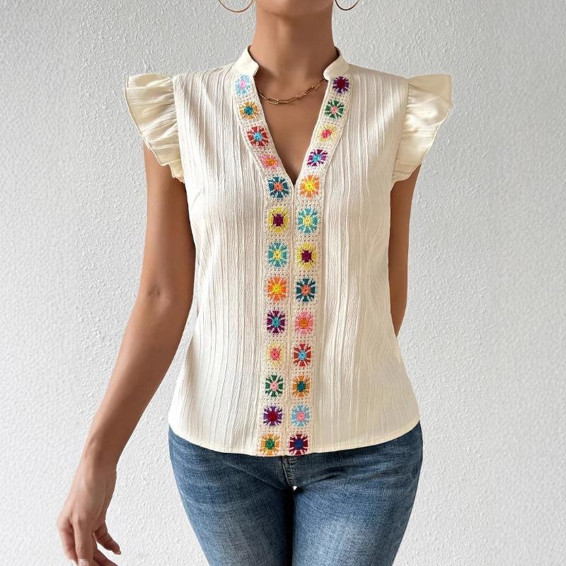New Fashion Vintage Ruffled Short Sleeve Casual Shirts Women Embroidery Flowers V-neck Loose Women Blouse Elegant Slim Fit Summer Shirt Tops 26596