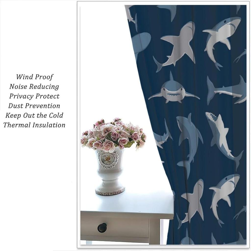 Kids Sea Animal Curtains Teens Boys Girls Bedroom Nursery Decor Cartoon Sharks Art Printed Window Drapes Fabric Light Blocking Polyester Sleeping Area