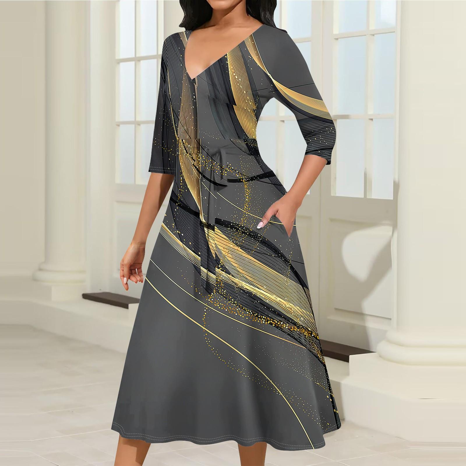 

Женское повседневное модное платье миди с V-образным вырезом и рукавом три четверти XXL золотой