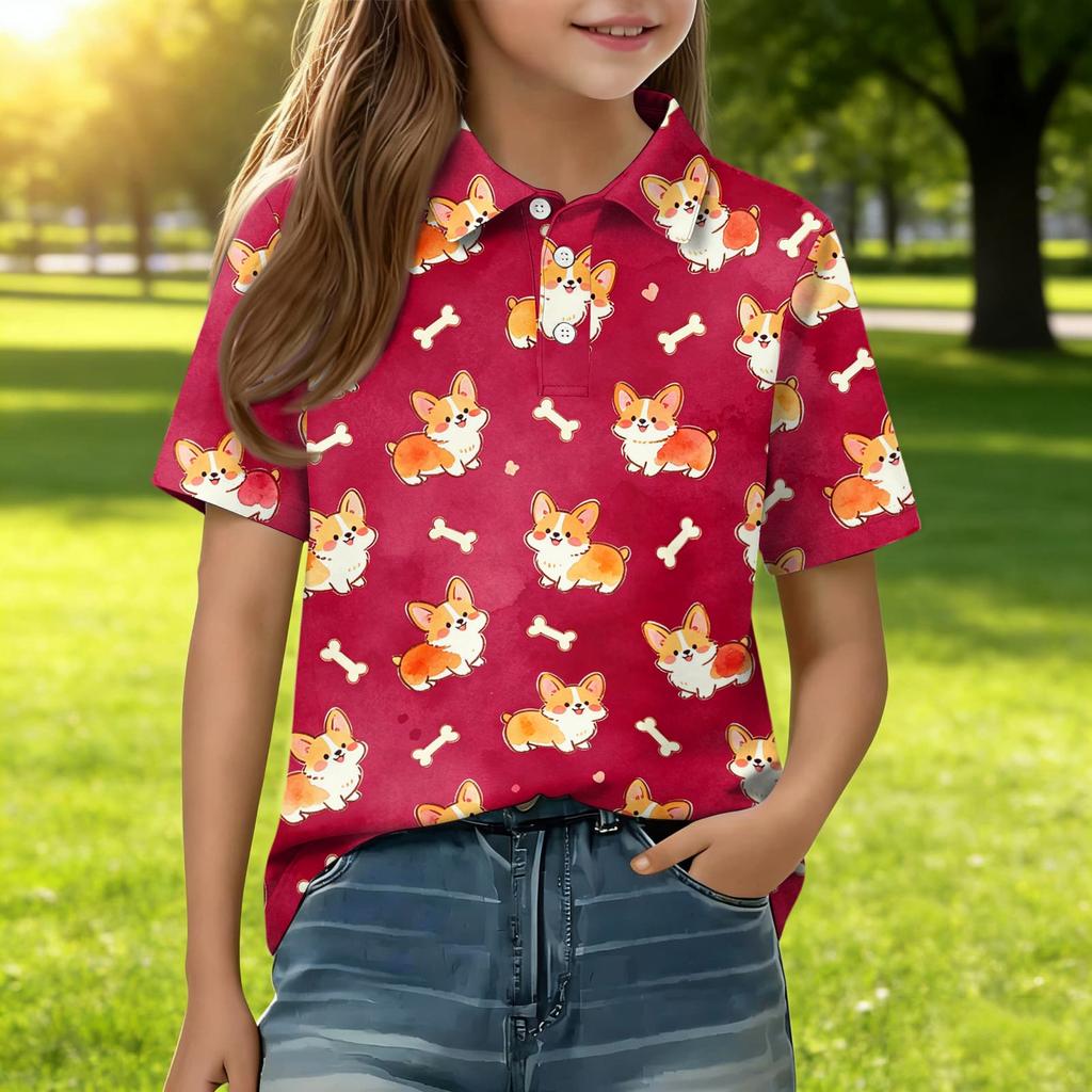 Kids Short Sleeve Polo Shirt Animal Print Casual T Shirt Button Down Collar Comfortable Fit Soft Fabric Breathable Design