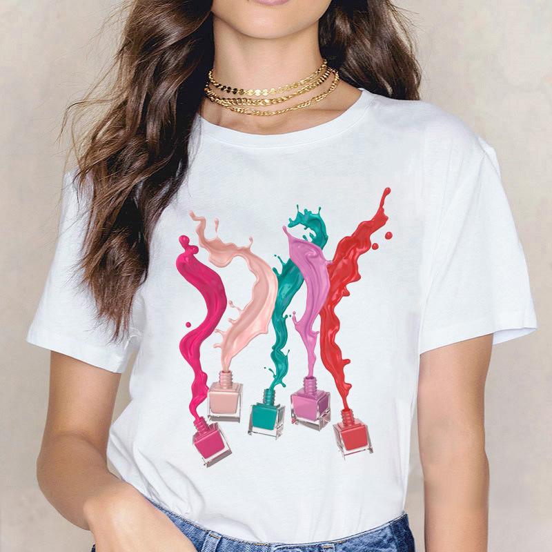Kpop Fashion Cosmetics 3D Nail Polish Print Tees Women Y2K Tops Summer White Loose Short Sleeve O-Neck Female T-Shirts Blouses