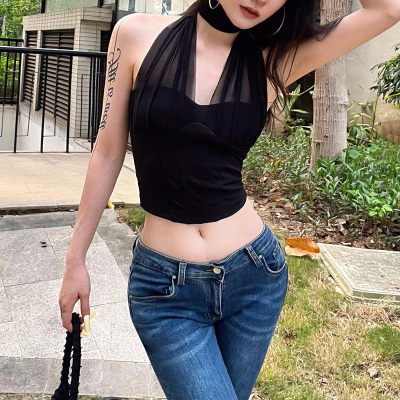 Pure Desire Style Cross-Border Hot Selling Season Women's Clothing Halterneck Perspective Crop Top Sexy Sexy Night Show Short Tops Women