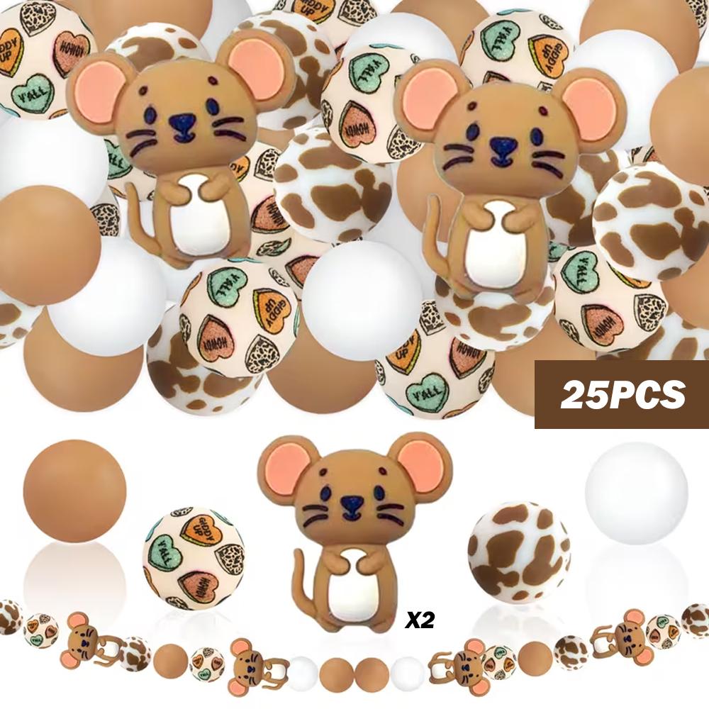 25/55PCS Mouse Hedgehog Lion Silicone Bead Set, perfect for DIY handmade crafts such as keychains, necklaces, bracelets, etc