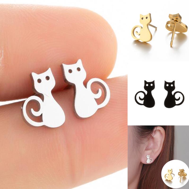 Japanese Korean Cute Cat Star Stud Earrings - Stainless Steel Animal Ear Accessories