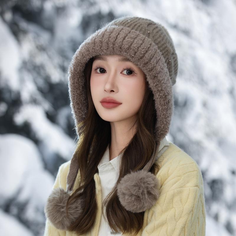 Autumn and Winter Hats for Women Sweet and Cute Fur Balls and Velvet Rabbit Fur Warm Hats Fashionable and Versatile Ear Protection Wool Hats