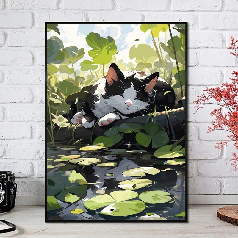 Cute Cat and Frog On The River Lotus Leaf Poster Modern Animals Canvas Painting Wall Art for Living Room Home Decor Mural