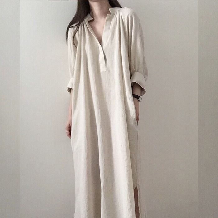 Korean Chic Loose Lazy Style Niche Cotton Linen Shirt Dress Women's Mid-Length V-Neck Knee-Length White Dress