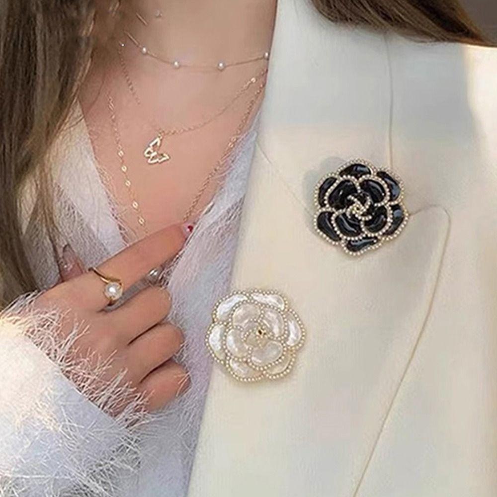 Enamel Design Enamel Camellia Brooch Golden And Black Floral Brooch  For Funerals and Mourning