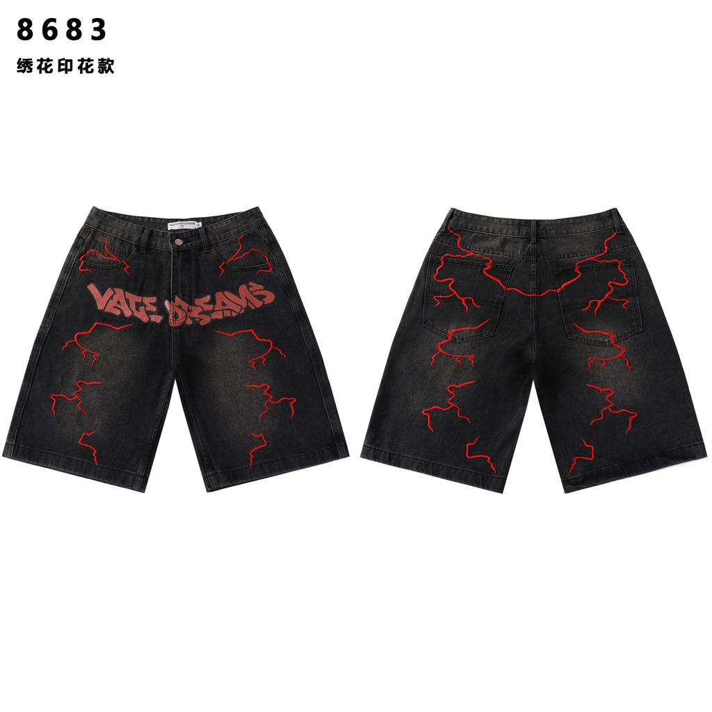 Men's Lightning Embroidery Denim Shorts, Dark Hip Hop Street Loose Knee Length Shorts With Graffiti Letter