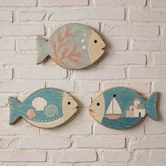 Sea Life Wall Decor for Bathroom 4Pcs Wooden Hanging Fish Art, Coastal Plaque with Nautical Gift Beach Lovers Theme Living Room Bedroom, Rustic House