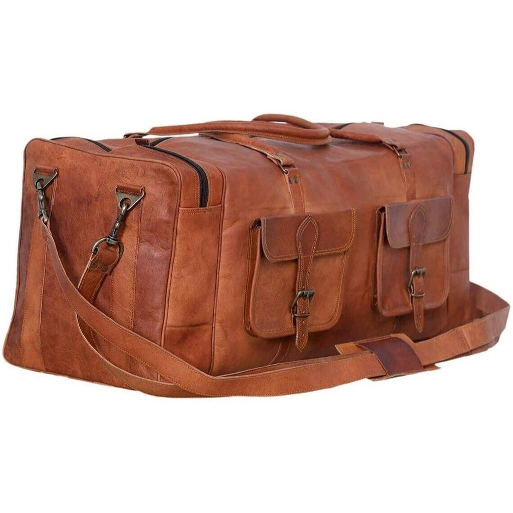 Vintage Real Goat Leather Travel Bag Luggage Weekender Overnight Duffle Bag