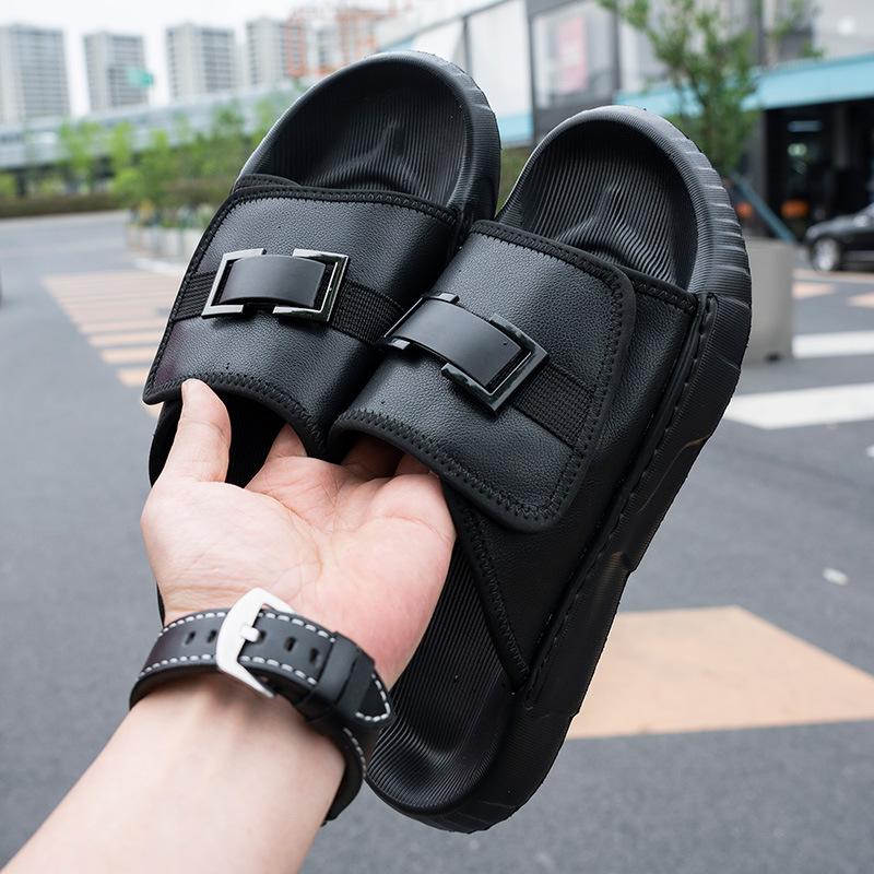Slippers Men's 2025 Summer New Velcro Tide Brand Beach Slippers Leather Outdoor Wear Casual Street Flip-flops