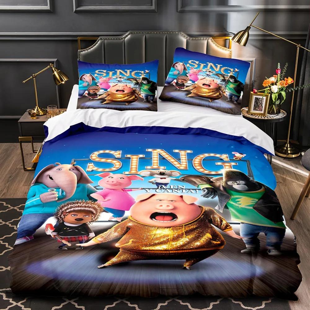 Parure de lit Sing 2 dessin animé Housse de couette taie d'oreiller Film Enfants Adultes 2/3 Pièces Impression 3D Lit Jumeau Full Queen/King Size Cadeau de Chambre 140x200cm (2pcs)