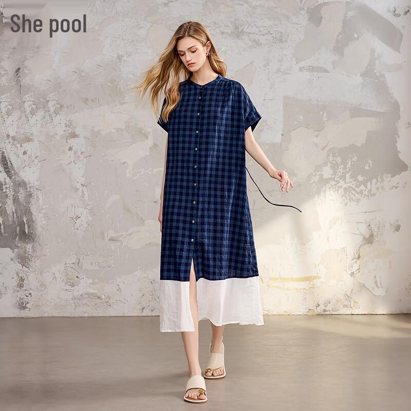 Women s Patchwork Round Neck Mid-length Shirt Dress M