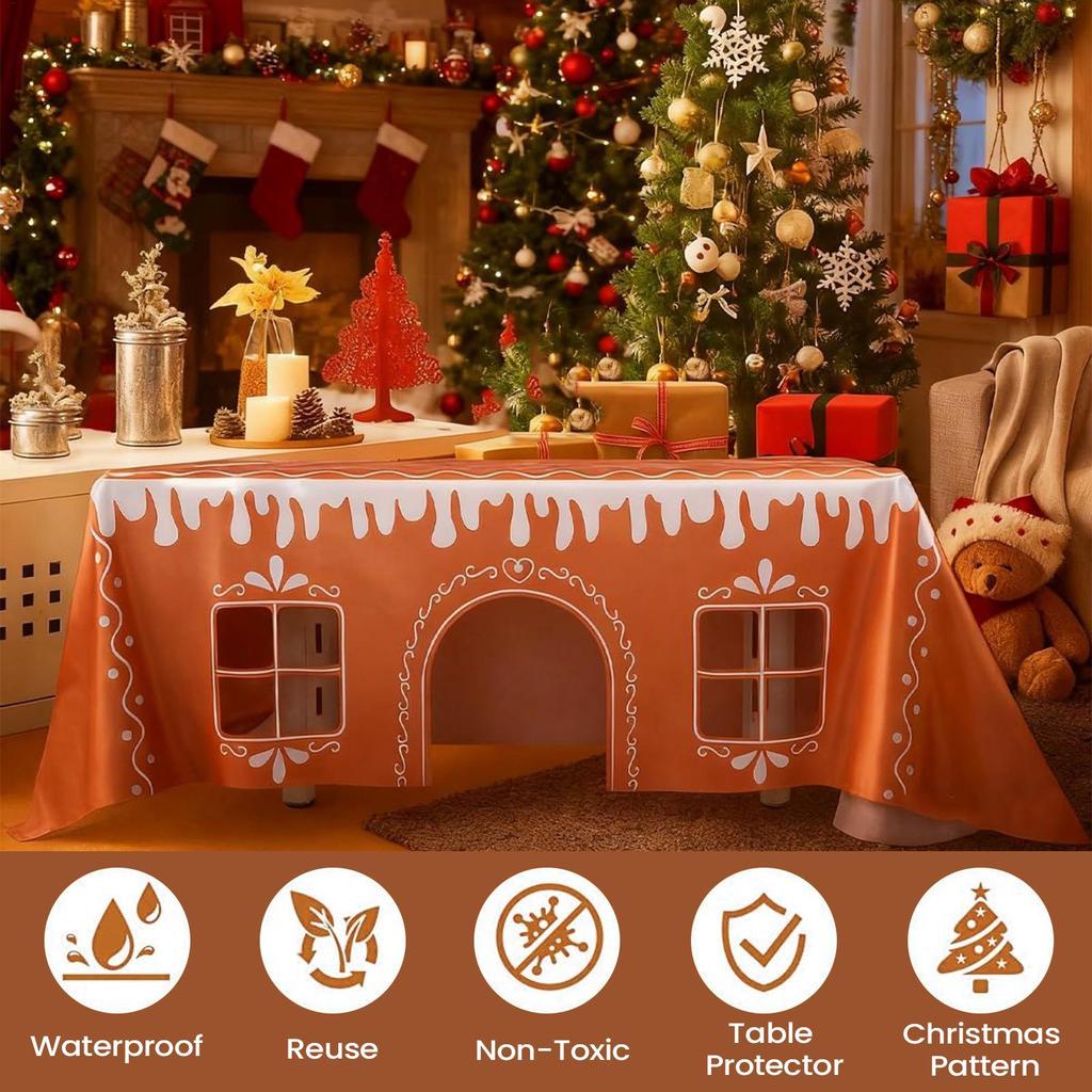 Gingerbread House Christmas Tablecloth Reusable Farmhouse Holiday Decor for Dining Kitchen Party Festival Table 47x59/59x71 Inch