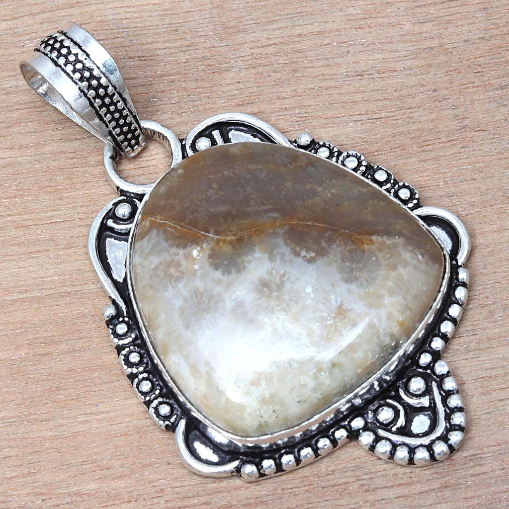 Pendant Fossil Coral Gemstone Valentine'Day Gift Silver Jewelry 2"