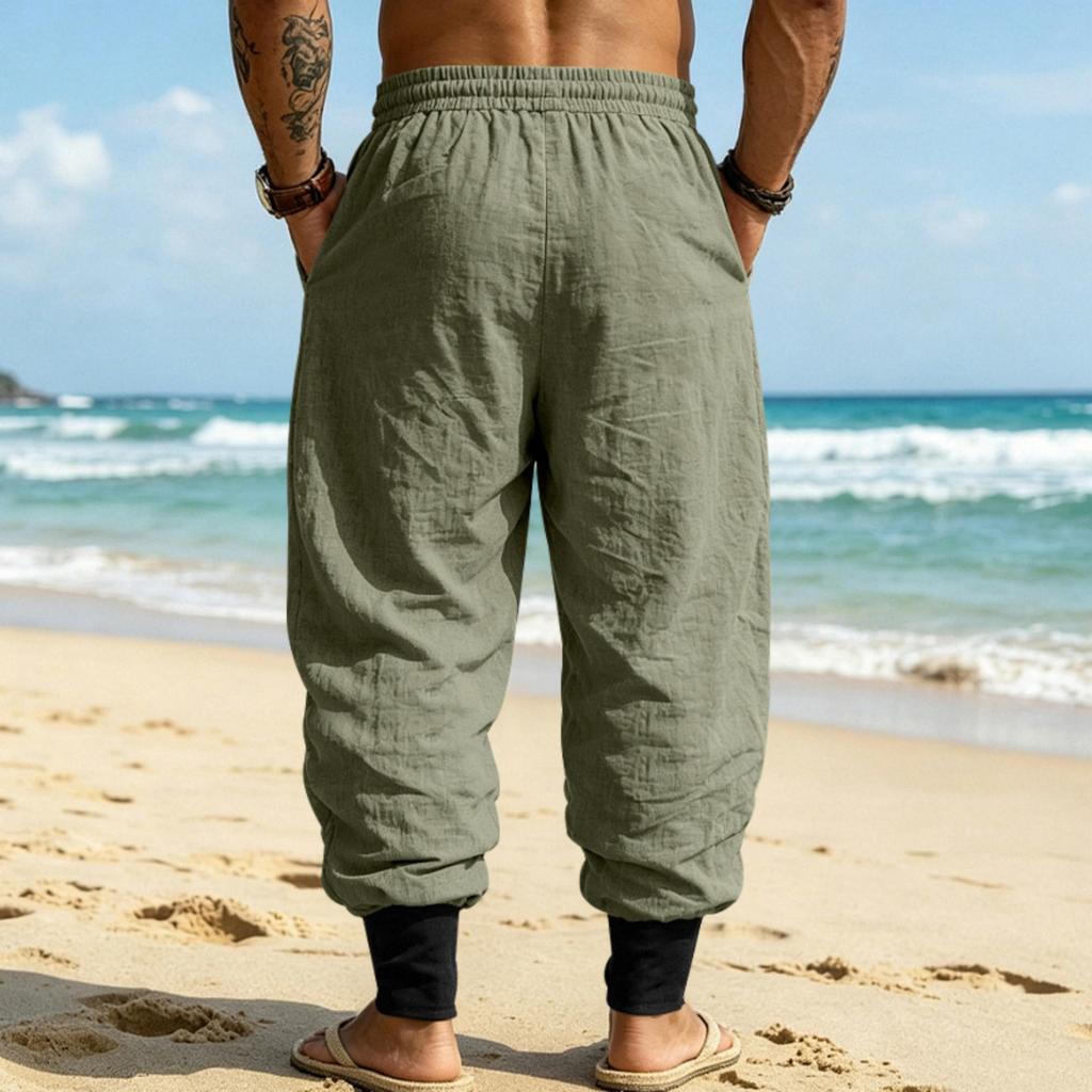 Men Linen Jogger Pants Loose Fit Drawstring Waist Breathable Tapered Leg Cuffed Hem Casual Beach Holiday Trousers