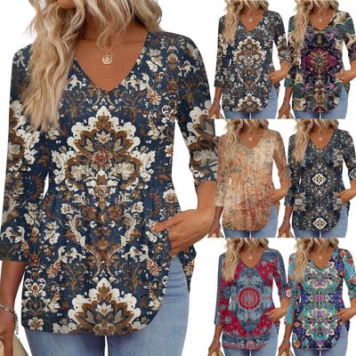 Women's T Shirt Print 3/4 Sleeve Fashion Basic V- Neck Regular Top