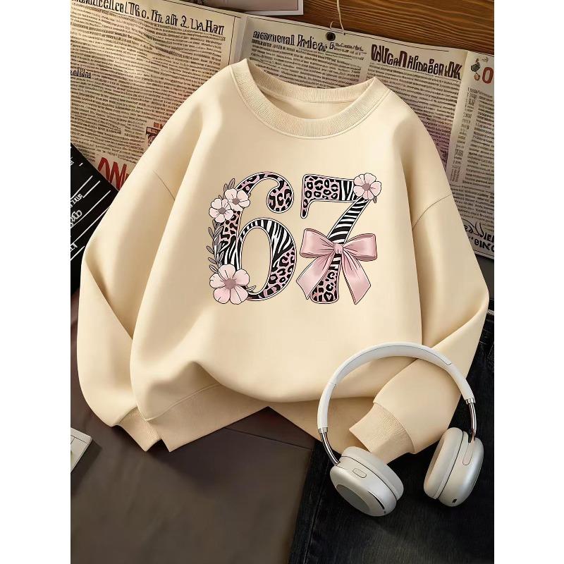 Kids Girls Crewneck Sweatshirt, Leopard Zebra Print Flower Bow Number 67 Long Sleeve Pullover, Cute Birthday Sweatshirt For Kids Over 4 Years Old