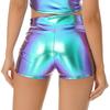 Shorts Quentes de Couro Envernizado Femininos Acabamento Metálico Brilhante Design de Cintura Alta Clubwear para Festas Rave
