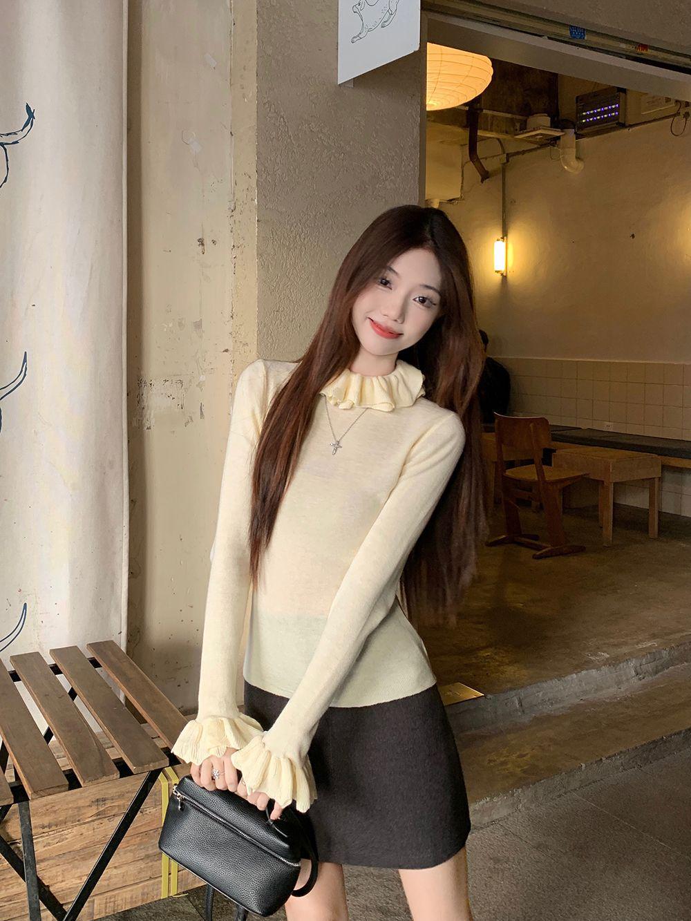 

Серый вязаный топ с кружевными оборками: Женское приталенное осенне-зимнее нижнее белье с полувысоким воротником One Size абрикосовый