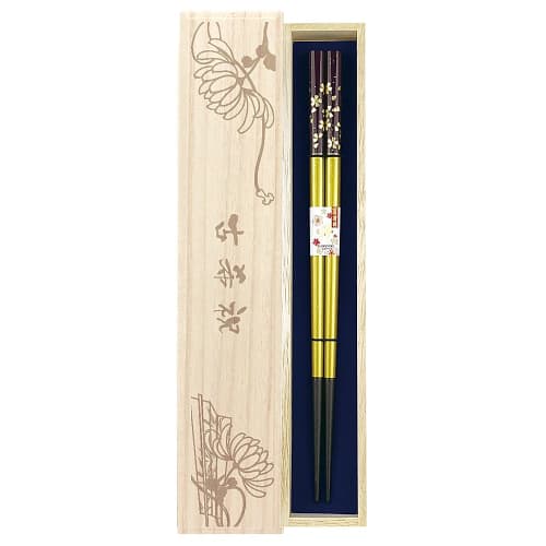 Chopsticks [Kinmai Sakura (Golden Cherry Blossom) Purple] Dishwasher Safe, Unisex Size, Paulownia Wood Box with Gift Wrapping, 70th Birthday Celebrati