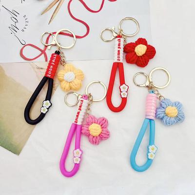 Hand-Knitted Puff Flower Keychain with Silicone Rope and Letter Lanyard for Backpacks and Car Keys