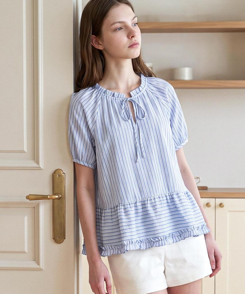 Poebeo21 Striped Ribbon Neck Frill Short Sleeve Blouse (Ftdbbl056)