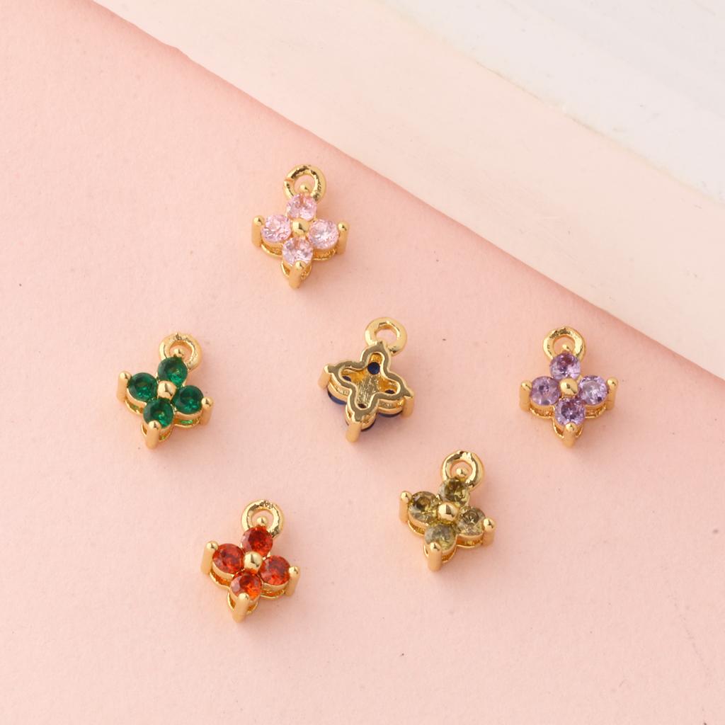 5 Piece Brass & Cubic Zirconia Mini Charms 18K Gold Plated Flower Micro Pave Pendants For DIY Necklace Jewelry Making 8mm x 6mm