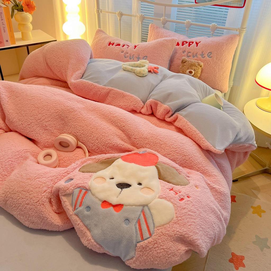 Cartoon Chenille Embroidered Lambswool Fleece Bedding Set - Duvet Cover & Bed Sheet