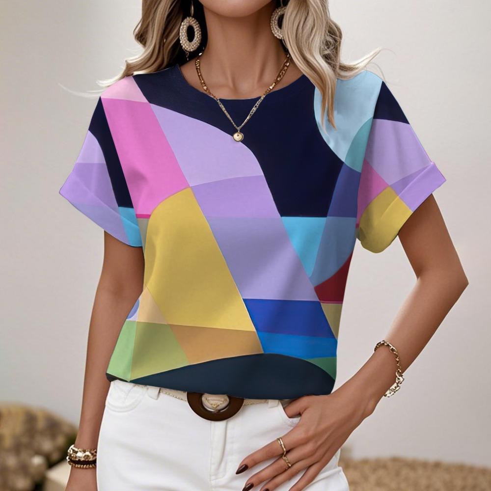 Women's Round Neck T-shirt Summer Outdoor Fashion Short-sleeved Tops Oversize Loose Ladies Clothing Flower Printing Trend Style