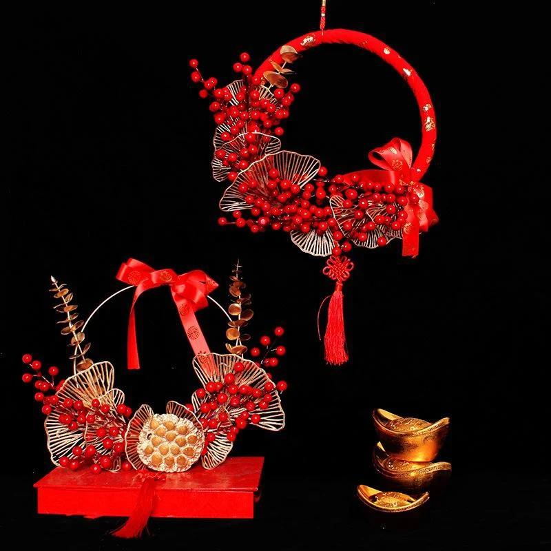 Red Berries Craft Ring Exquisite Lotus Model Berry Wreath God of Wealth Iron for Wedding New Year Home Decor Party Supplies