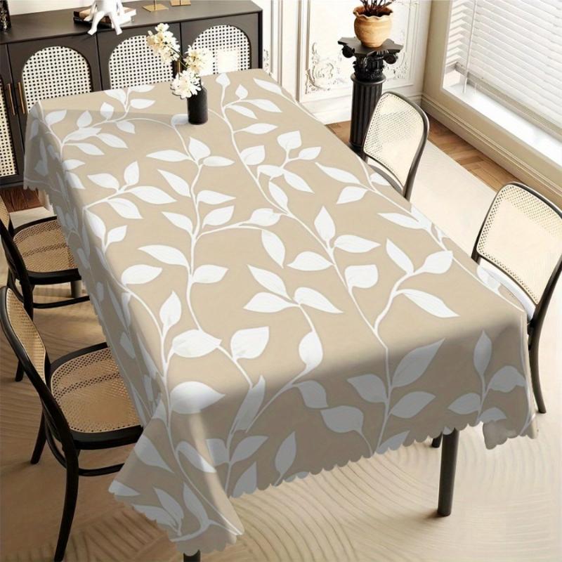 Light Khaki Minimal White Leaf Vine Print Tablecloth Spill Resistant Wipe Clean Cover For Dining Coffee Kitchen Indoor Table