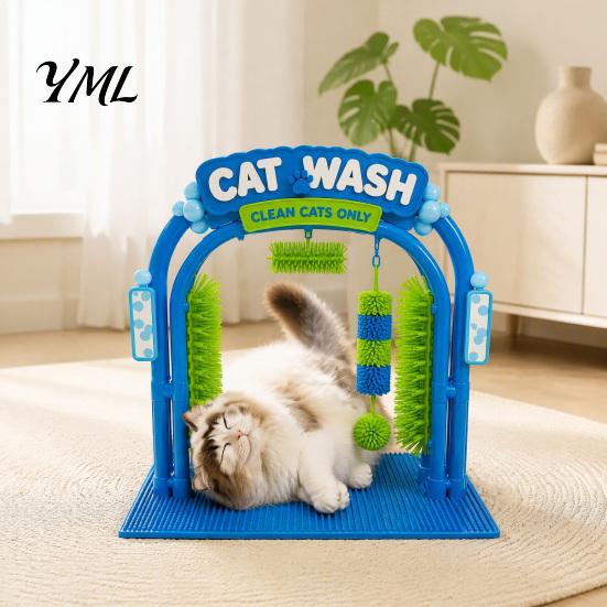 Cat Cleaning Accessories Wash Grooming Station, Self Groomer with Soft Rubbing Brushes, Helper Car Design Massage Scratcher for Indoor Cats Loose Fur