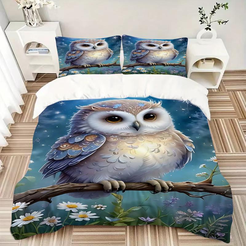 3pcs Anime Owl Comforter Set with Two Pillowcases (No Core), Home Decor, Festival Gift, Polyester Fabric