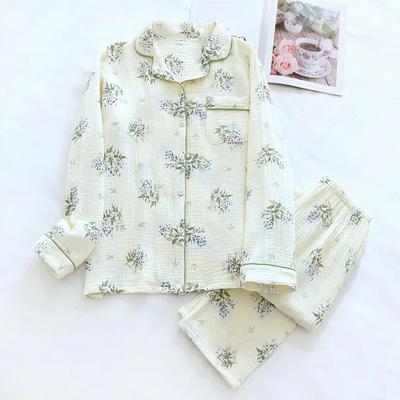 New Women's Spring and Autumn Women's Pajama Set 100% Crape Long Sleeve Pants Flip Collar Printed Cardigan Home Clothes