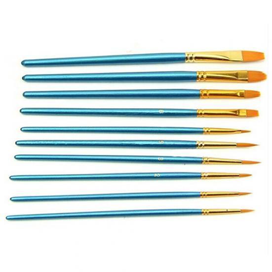 10x Round Pointed/Flat Tip Nylon Hair Acrylic Watercolor Artist Paint Brush Set