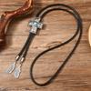 Men's Rodeos Western Leather Cord Bolo Tie Antique Floral Stone Jewelry Cowboy Necktie Necklace with Feathered Pendant