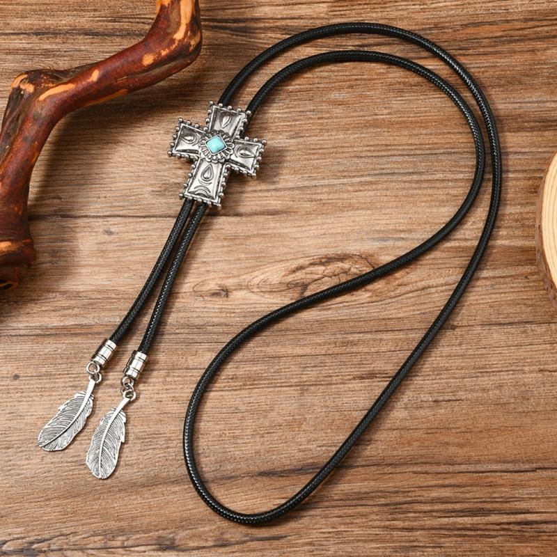 Men's Rodeos Western Leather Cord Bolo Tie Antique Floral Stone Jewelry Cowboy Necktie Necklace with Feathered Pendant
