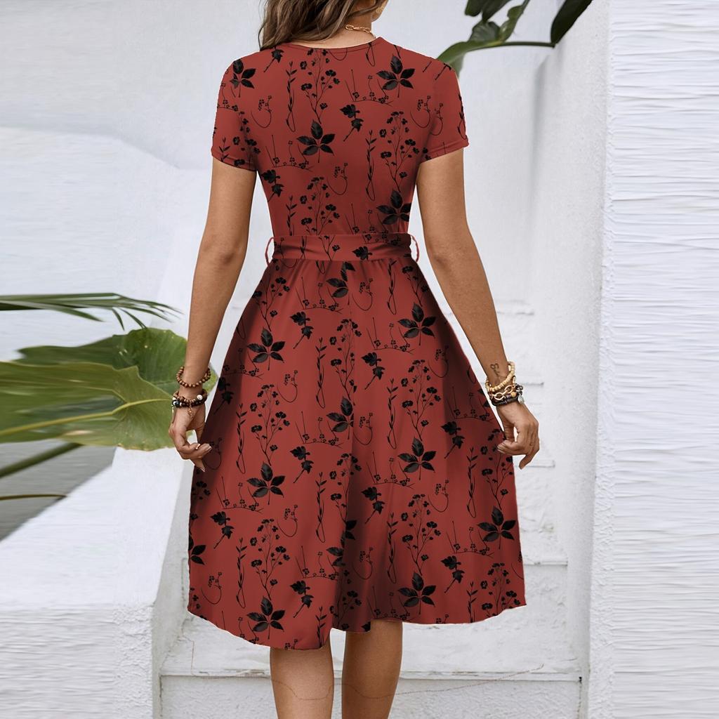 Women's Fashionable Print Round Neck Loose Short Sleeved Pocket Pullover Dress