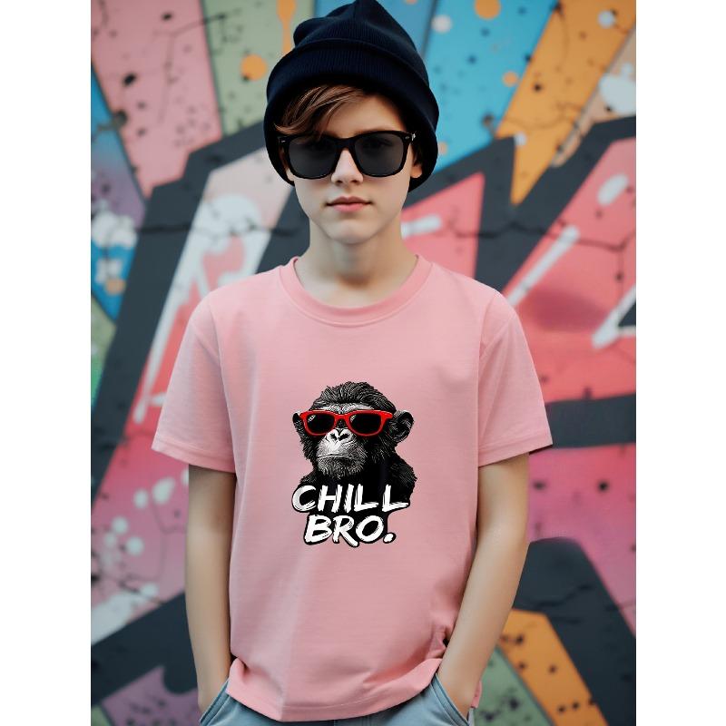 Boys Chimp In Red Sunglasses "Chill Bro" Print Crewneck Short Sleeve Tee