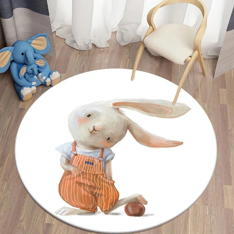 Cartoon Bunny Print Round Carpet Rabbit Area Rugs Circle Carpets for Living Room Floor Mat Polyester Anti-Slip Mats for Children