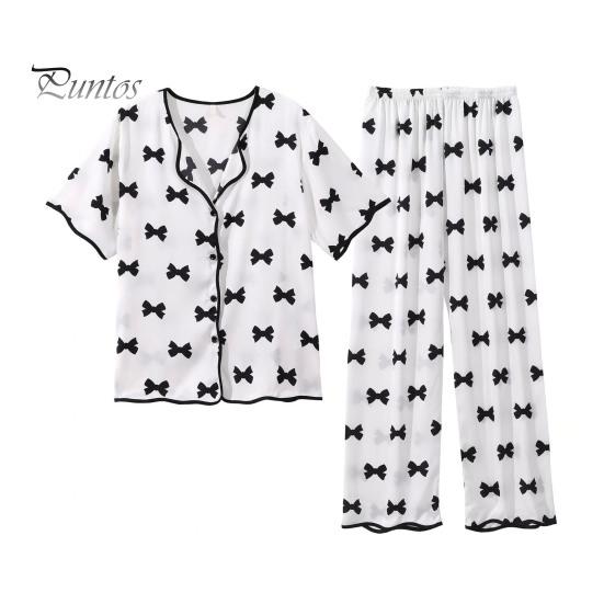 

2 шт./комплект атласная пижама с принтом банта V-образный вырез на пуговицах рубашка больших размеров с длинным рукавом эластичный пояс широкие брюки домашняя одежда повседневный наряд весна XL