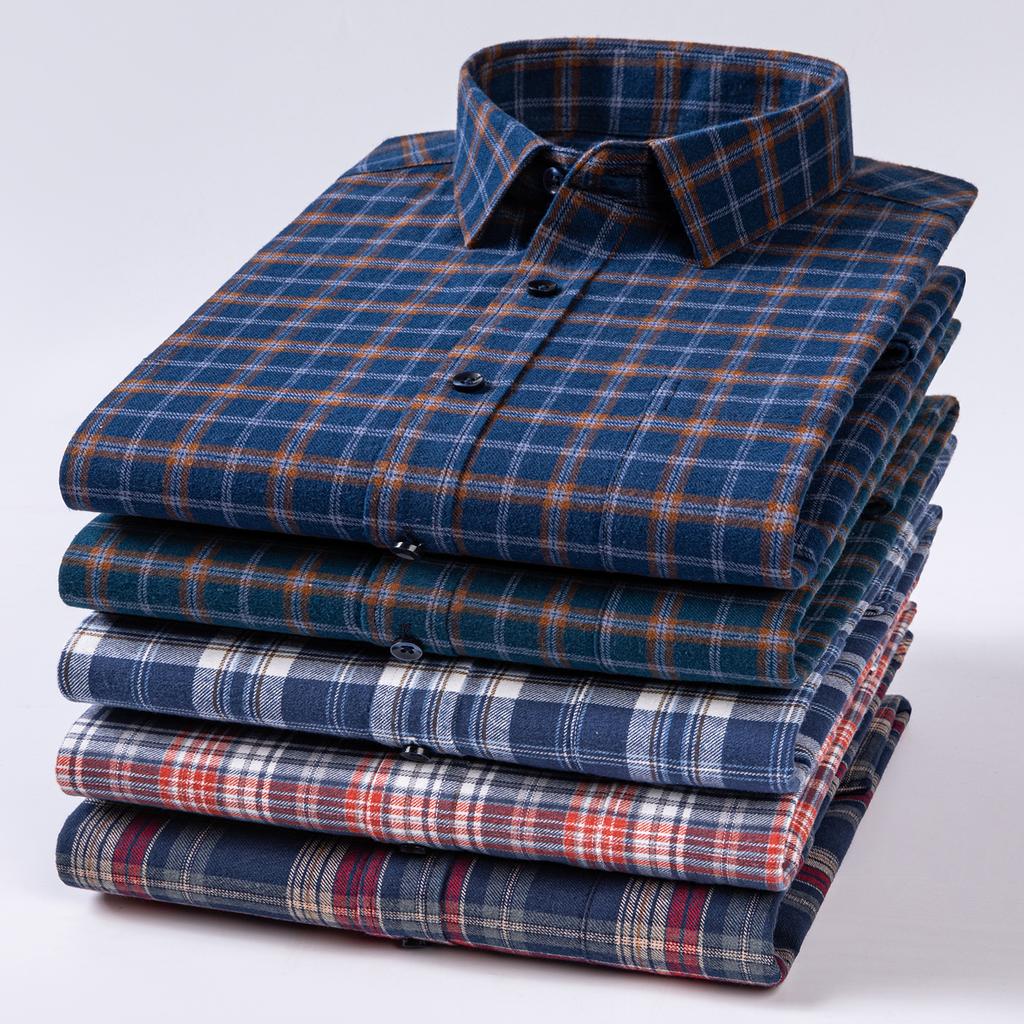 Over Size 100%cotton Brushed Plaid Long Sleeve Shirts for Men Single Pocket Casual Tops Soft Vintage Elegant Designer Clothes