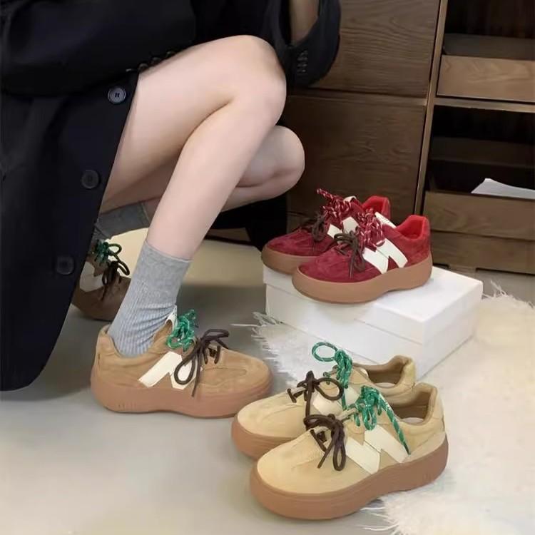 Double Shoelace Color Matching Round Head Platform Leather Training Shoes Women's Spring and Autumn New Red Casual Forrest Gump Sports Shoes