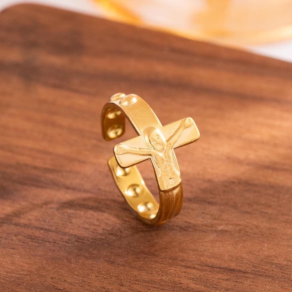 Adjustable Retro Gold-Plated Stainless Steel Cross Ring